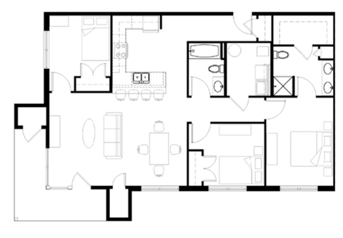 Floor plan for 3 beds, 2 baths, 1300 sqft